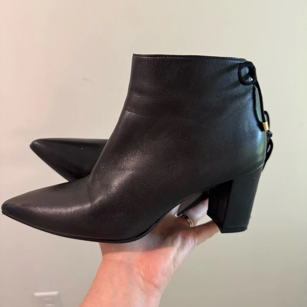 Stuart Weitzman Gardiner Black Lambskin Leather Tie‎ Back Block Heel Booties 7B